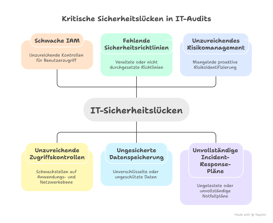 Infografik, die sechs hochriskante Sicherheitslücken zeigt, die IT-Audits aufdecken
