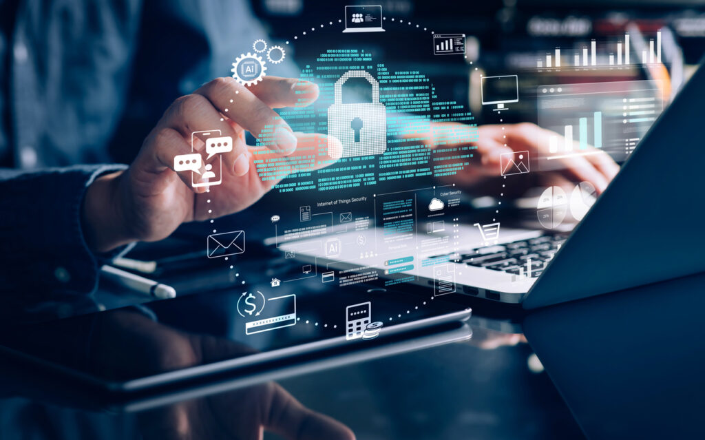 Cybersecurity surrounded by digital data and interface elements. technology secure communication, IAM transformation
